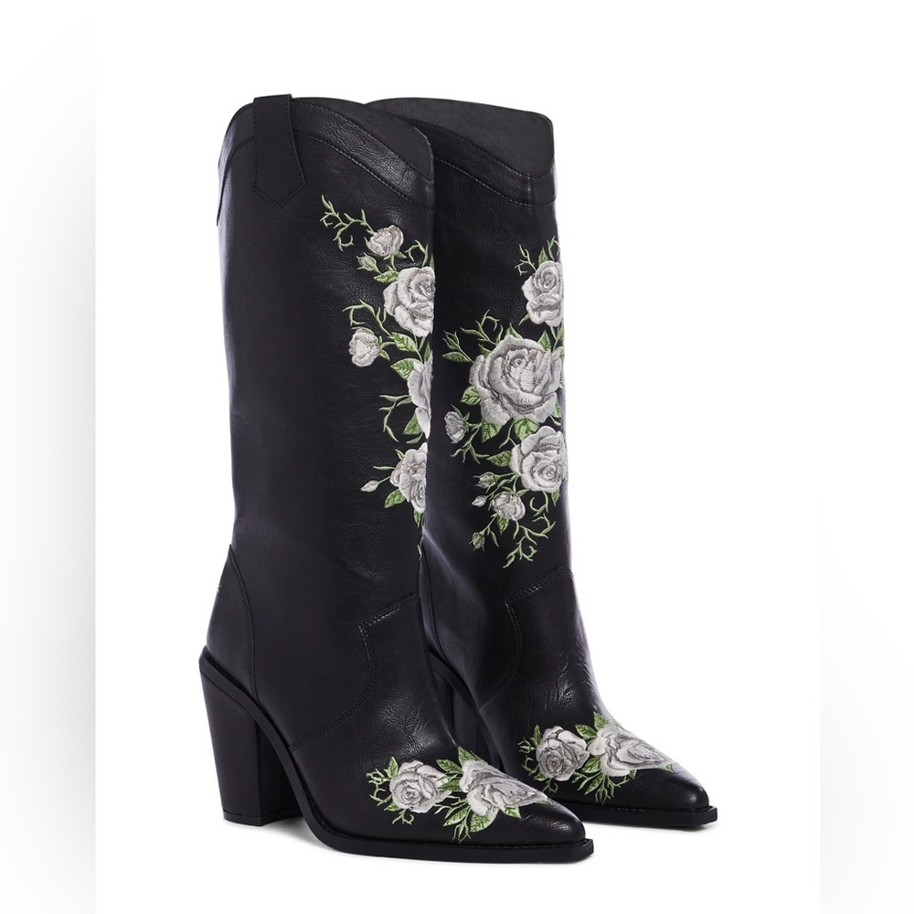 Chic Black Floral Heeled Boots